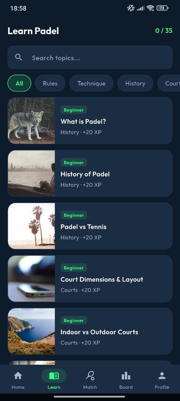 Learn Padel screen